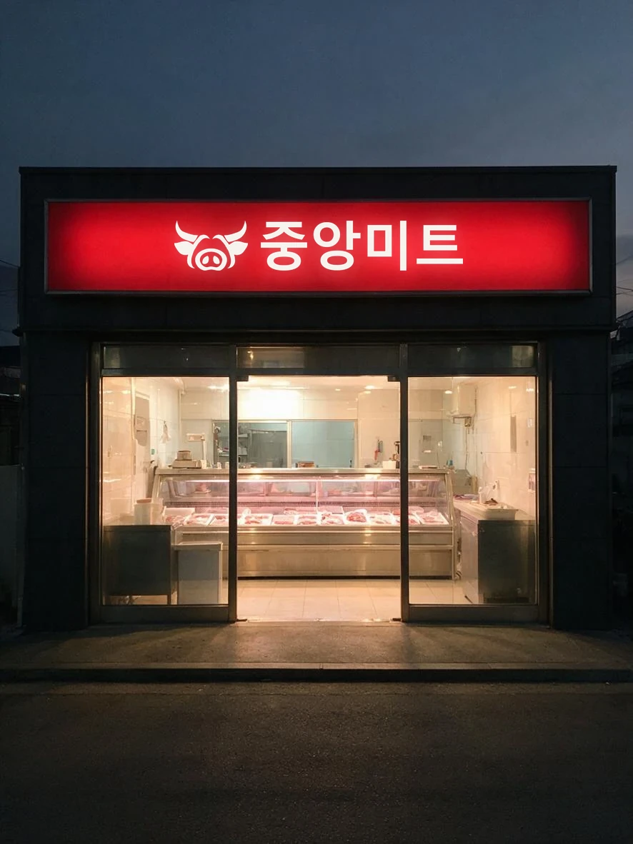 중앙미트 간판이 켜진 점포 정면.