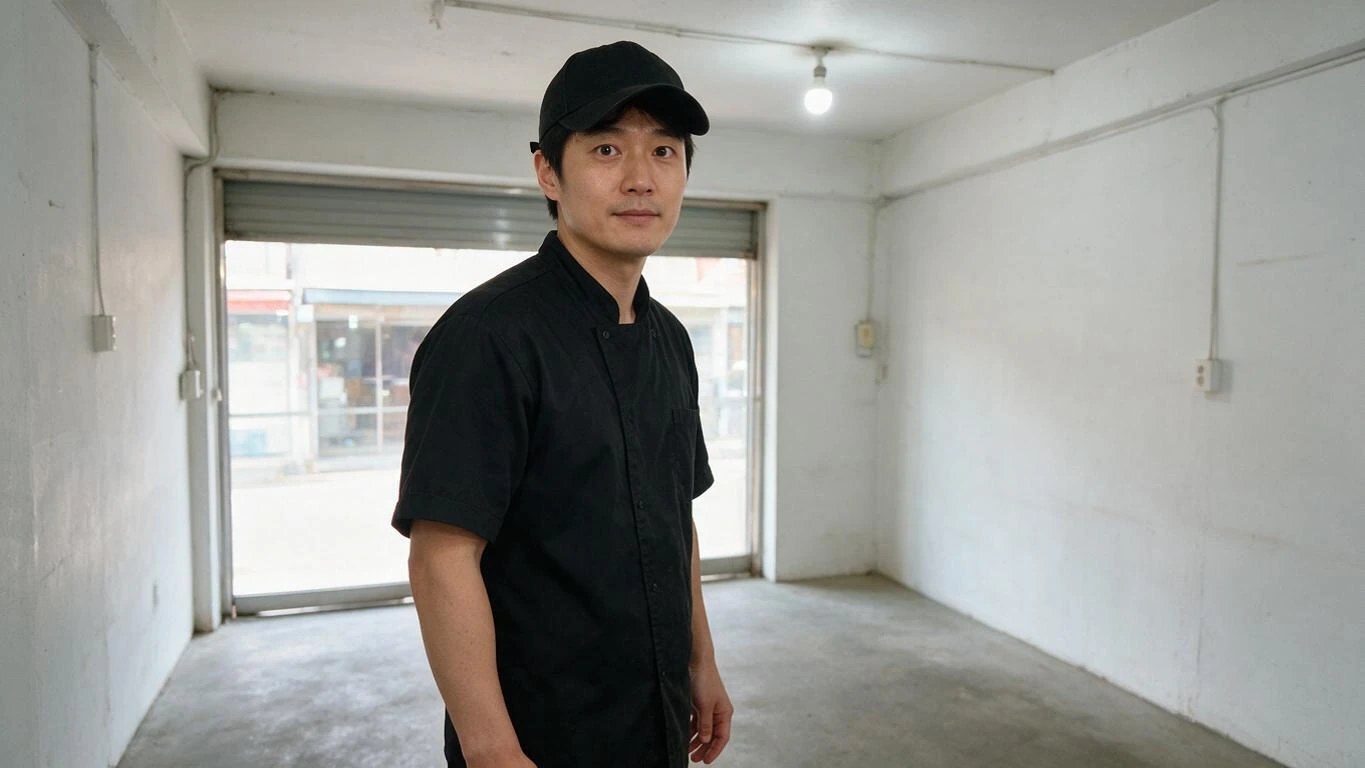 아무것도 없는 빈 점포 안에 선 사람.
