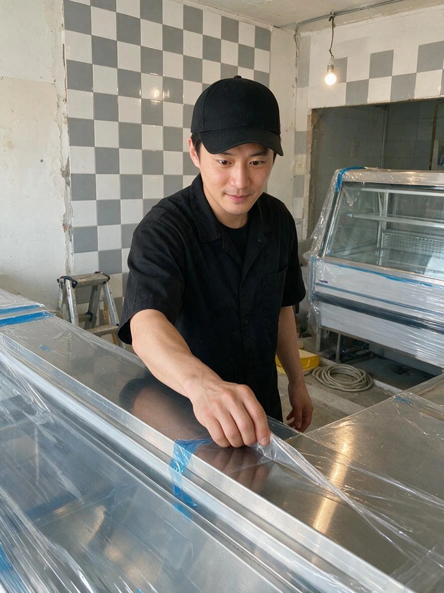 새 매대에 씌운 비닐을 벗기는 사람.