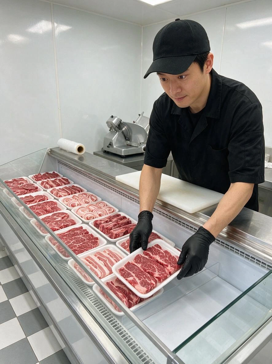 개점 전에 매대에 고기를 채워 넣는 사람.