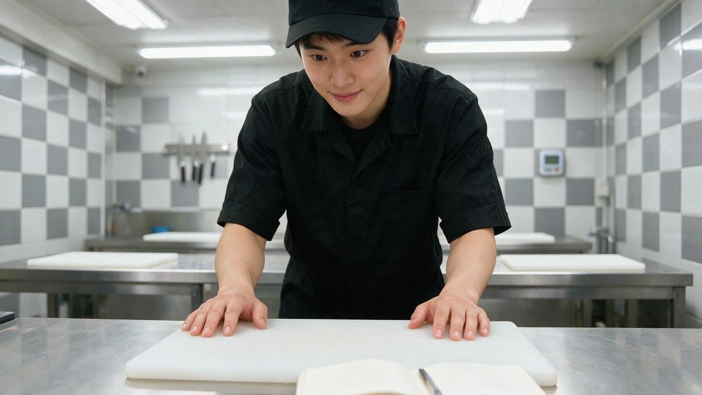 첫날, 빈 노트를 펴 놓고 빈 작업대 앞에 선 수강생.