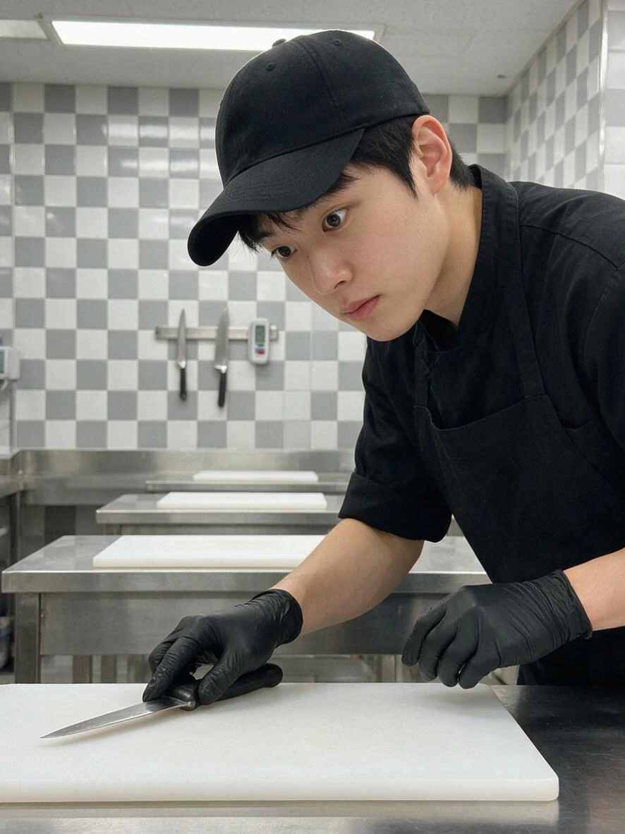 도마에 놓인 칼을 집어 드는 수강생.