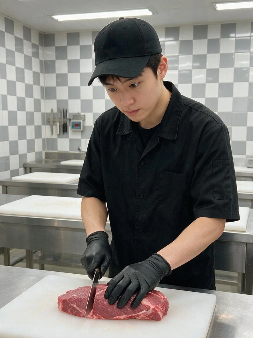 고기에 처음 칼을 대는 수강생.