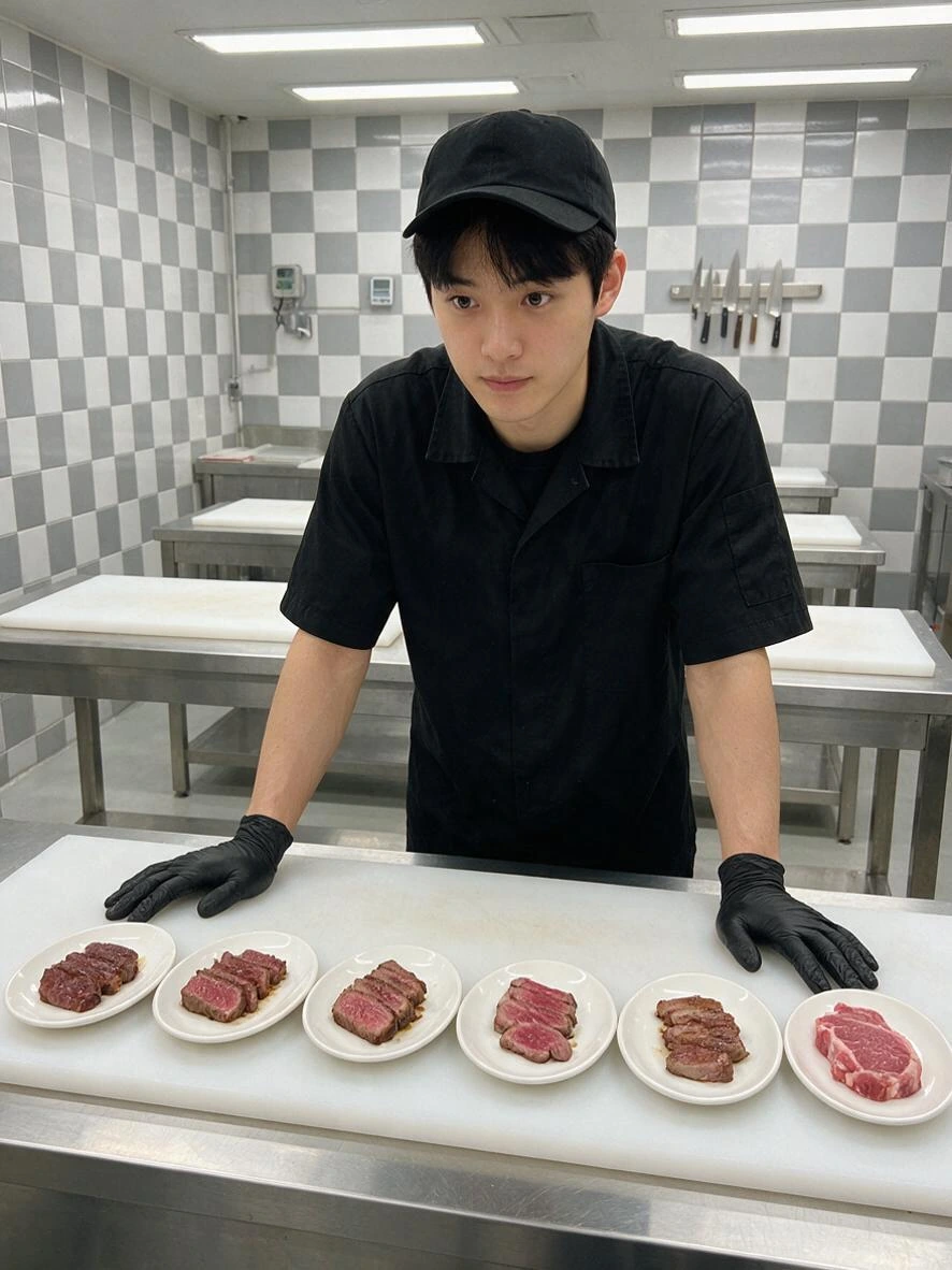 여섯 접시를 늘어놓고 그 앞에 선 수강생.