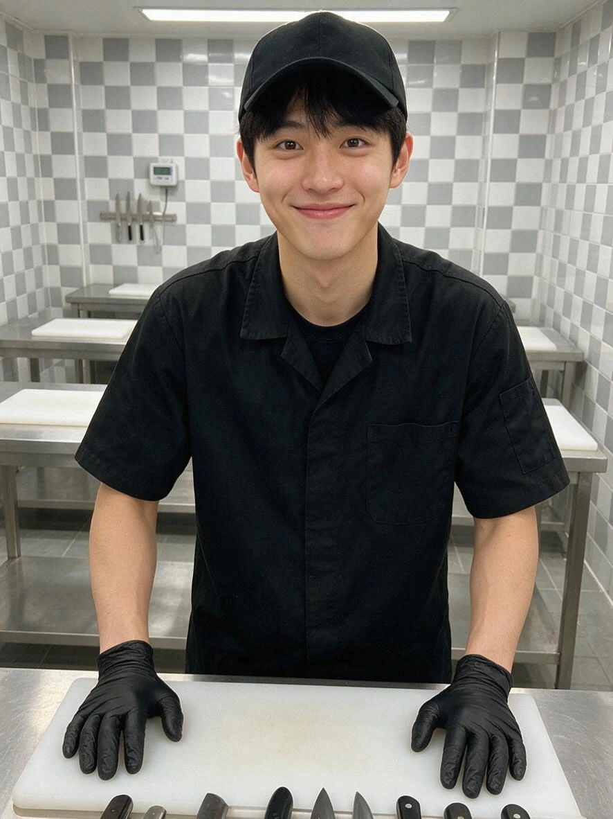 수료한 뒤 자기 작업대 앞에 선 사람.